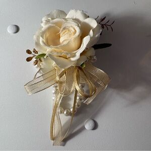 Champagne Rose Pearl Wrist Corsage Gold Ribbon Wedding Prom Formal